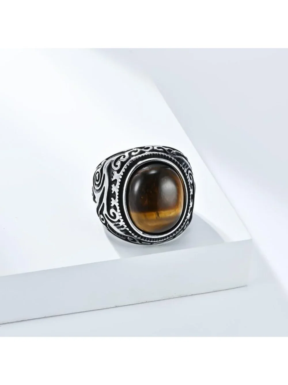 Vintage Retro Tiger Eye Stone Signet Ring for Men & Women - Engraved Stainless